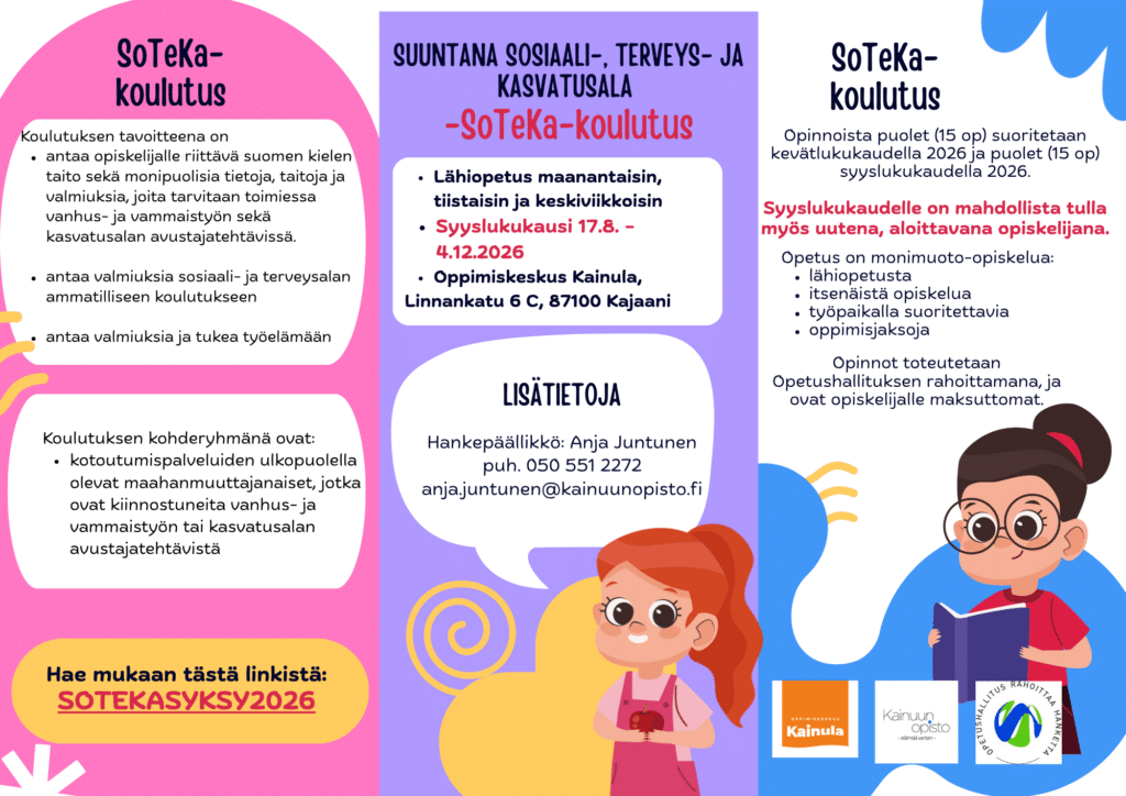 Three panel Finnish infographic about SoTeKoulutus left panel lists goals middle panel outlines programs and dates right panel study options and contacts  Kainuun Opisto  Kainuun Opisto