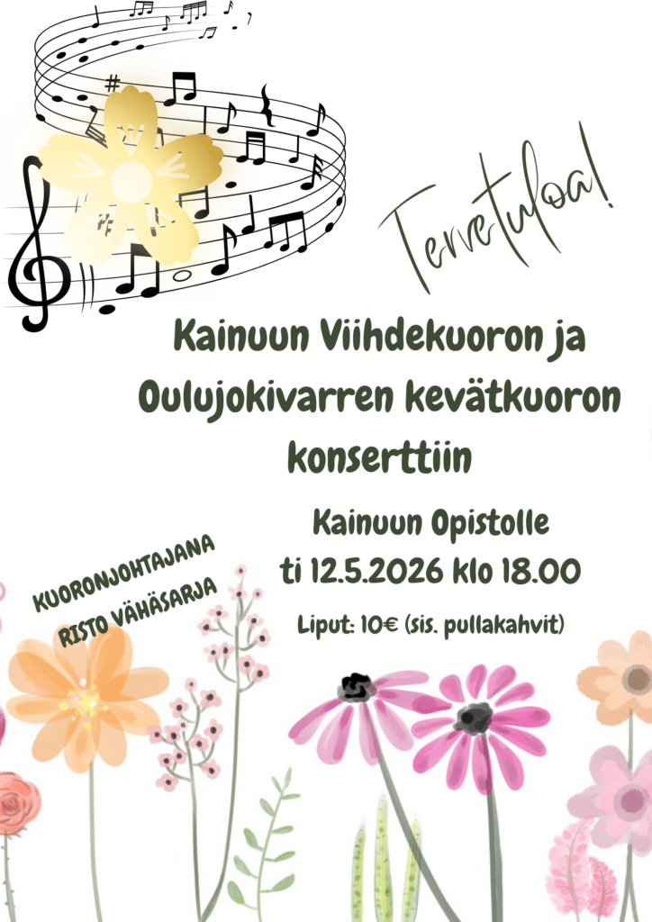 Poster for a spring choir concert with flowing musical staff and colorful flowers; Finnish event title and details shown (tickets and date).