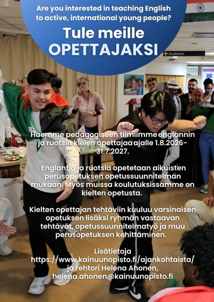 Kopio työpaikkailmoitus 62025 1 » kainuun opisto » kainuun opisto Blue circular banner asking Are you interested in teaching English over a lively group of people in a classroom setting promoting a language program Finnish text overlay Kainuun Opisto Kainuun Opisto