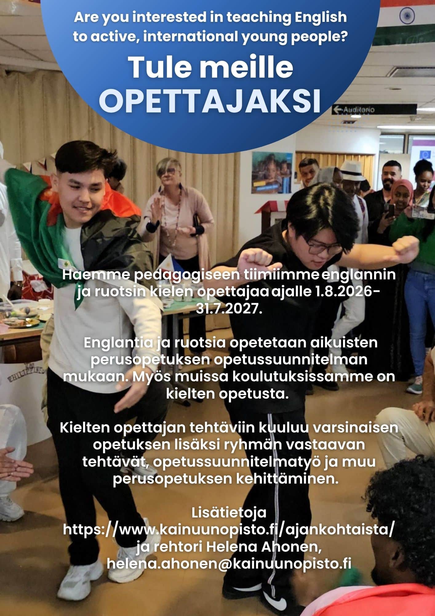Blue circular banner asking Are you interested in teaching English over a lively group of people in a classroom setting promoting a language program Finnish text overlay  Kainuun Opisto