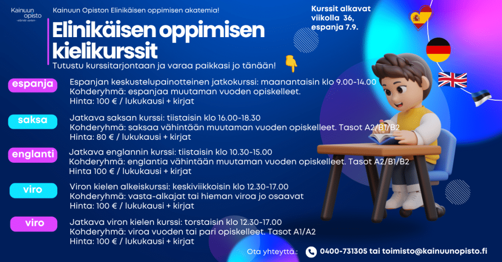 Muut kielet suomi » kainuun opisto Colorful Finnish banner advertising language courses Spanish German English and Estonian with schedules and prices student reading at a desk on the right Kainuun Opisto