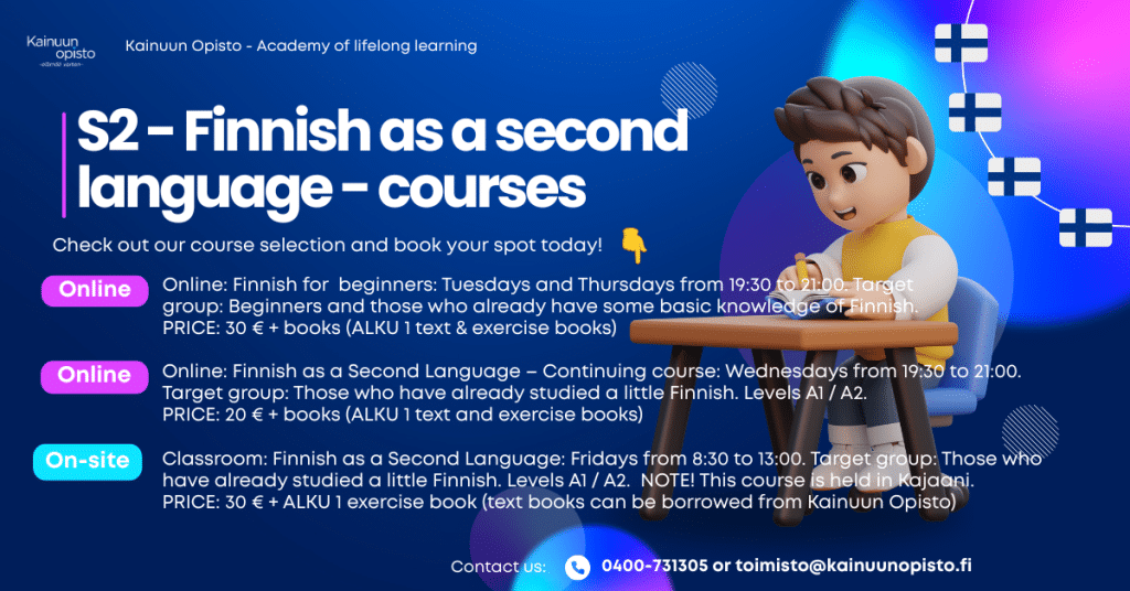 Promotional banner for S Finnish as a second language courses two Online options and one On site with a student at a desk and Finnish flags on the right  Kainuun Opisto
