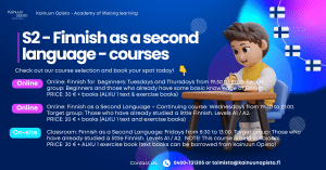 Promotional banner for Finnish as a second language courses three online options and one on site class with a cartoon student at a desk on the right and contact info at the bottom  Kainuun Opisto  Kainuun Opisto