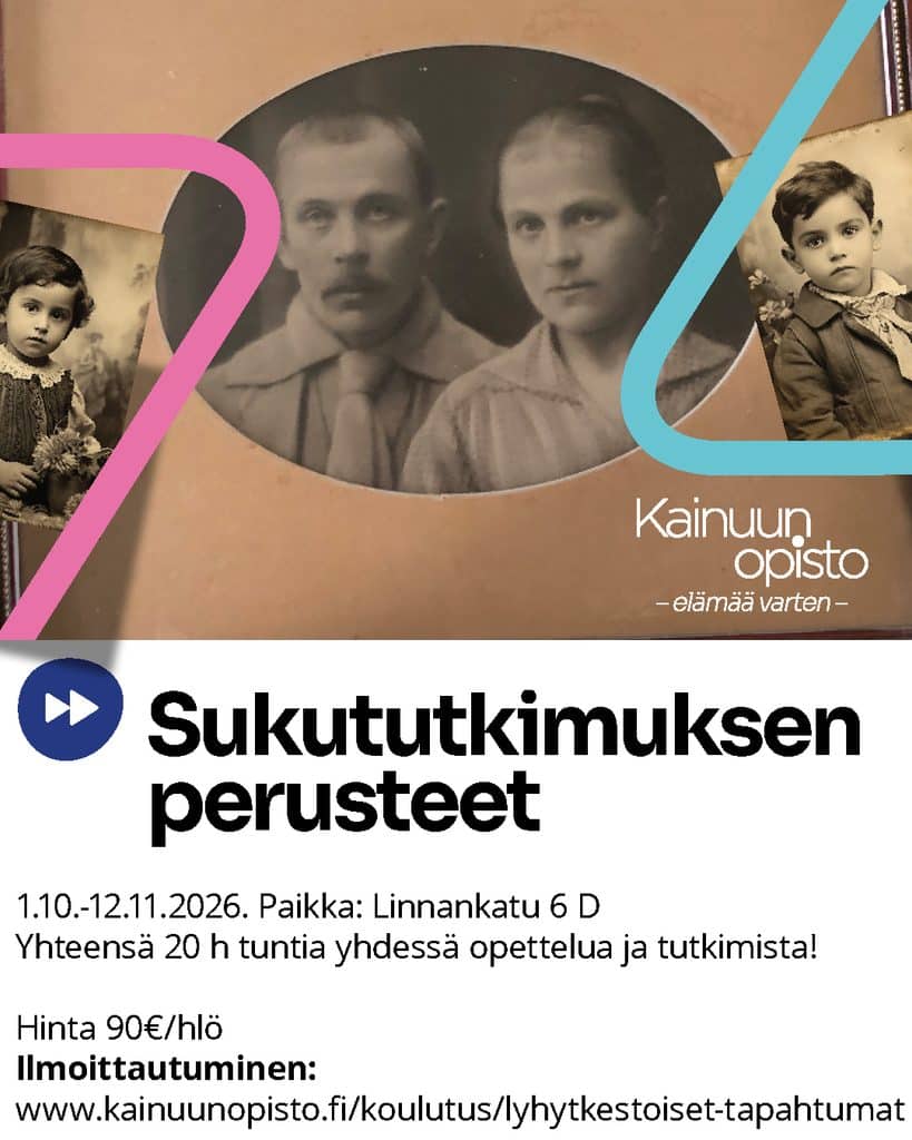 Sukusi_some » kainuun opisto Finnish poster advertising Kainuun Opisto'Sukututkimuksen perusteet'—a genealogy basics course, with dates and location details visible in the design.