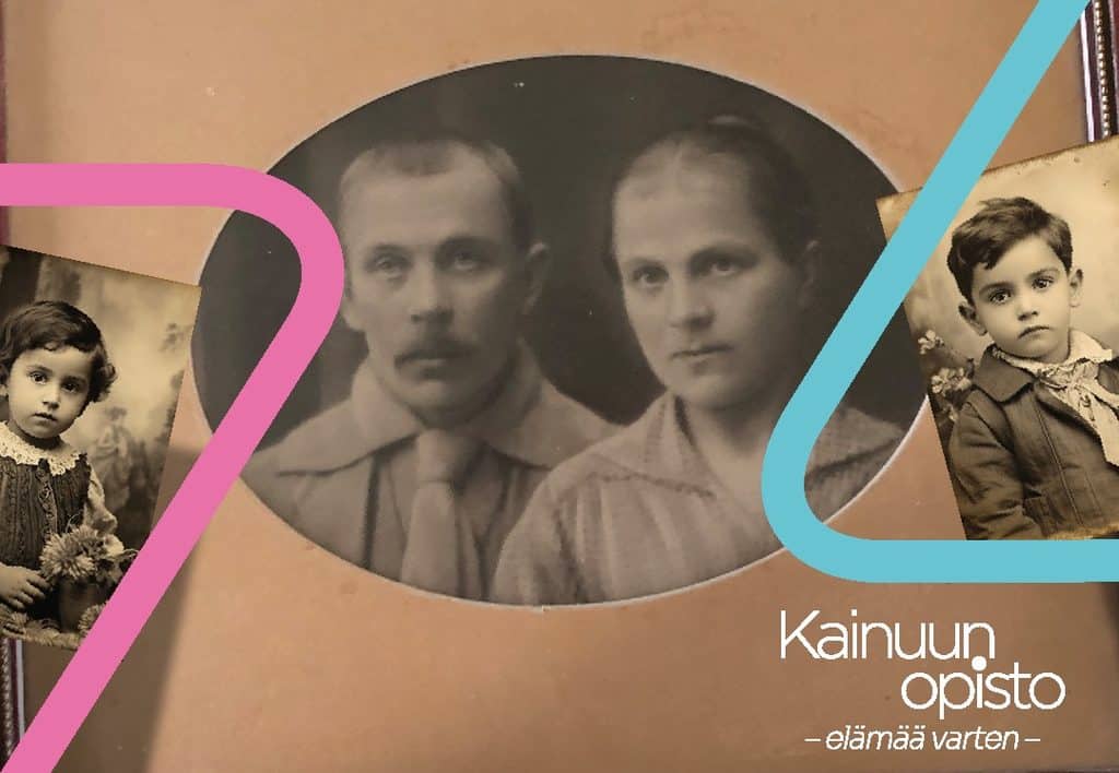 Sukusi_some pieni » kainuun opisto » kainuun opisto Collage of vintage family portraits on a brown background with pink and blue shapes and the text Kainuun opisto elämää varten Kainuun Opisto Kainuun Opisto