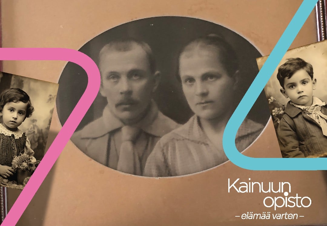 Collage of vintage family portraits on a brown background with pink and blue shapes and the text Kainuun opisto  elämää varten  Kainuun Opisto