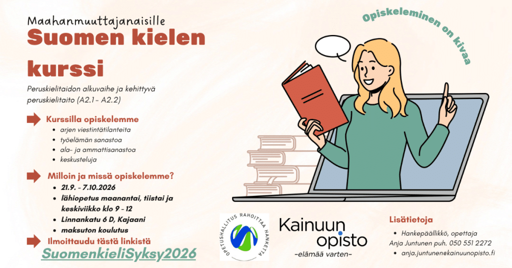 Infographic announcing a Finnish language course for immigrants features a woman holding a book emerging from a laptop screen with course details schedule and contact info  Kainuun Opisto  Kainuun Opisto