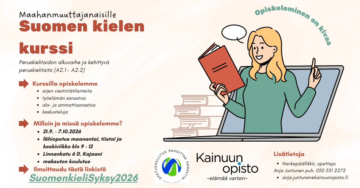 Infographic announcing a Finnish language course for immigrants features a woman holding a book emerging from a laptop screen with course details schedule and contact info  Kainuun Opisto