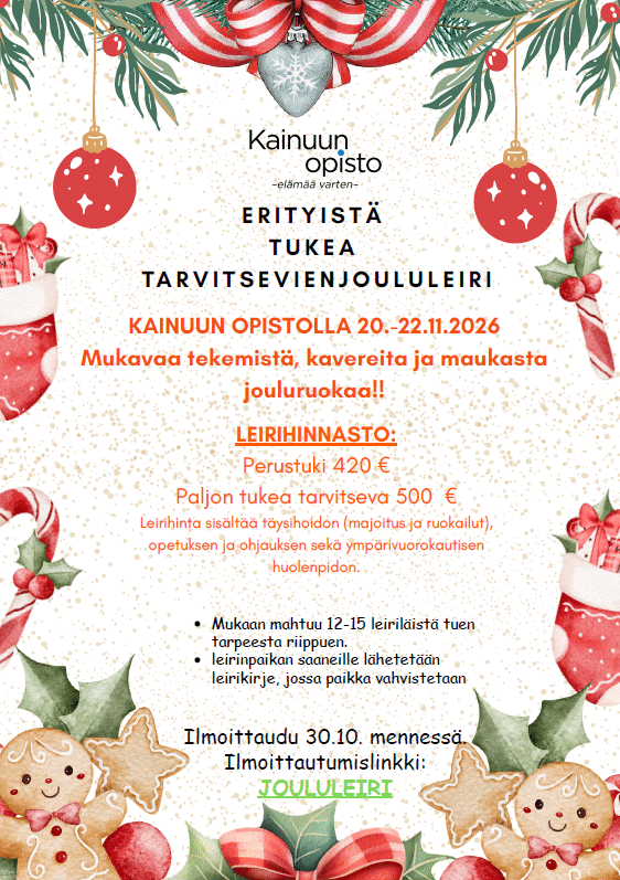 Ett leiri kuva » kainuun opisto Joululeirin mainos Kainuun opisto kutsuu erityistä tukea tarvitsevia sekä lisätietoja ja hintoja Kainuun Opisto