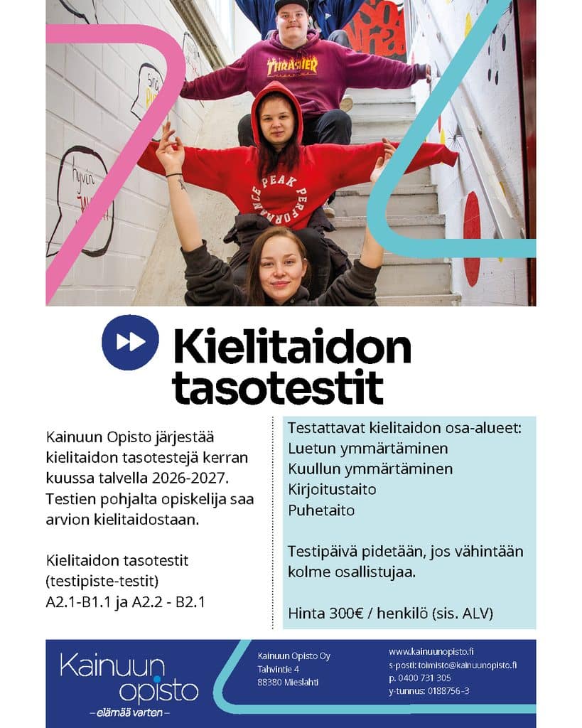 Kielitasotestit_some jpg » kainuun opisto Group of young people posing on a graffiti covered stairwell for Kielitaidon tasotestit flyer with test areas listed Kainuun Opisto