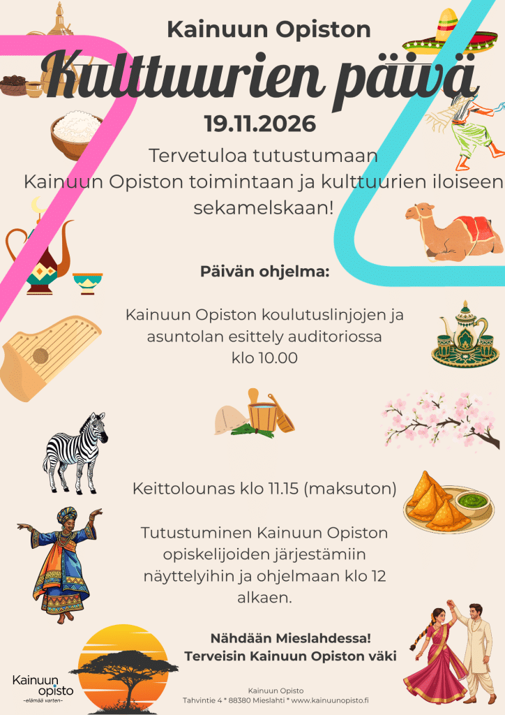 Kulttuurien päivä yleinen » kainuun opisto Event poster for Kainuun Opiston Kulttuurien päivän on with decorative cultural icons and program notes in Finnish Kainuun Opisto