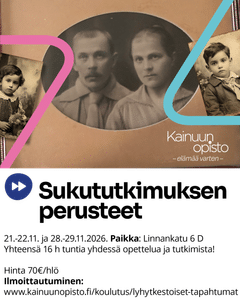 Sukusi_some2 » kainuun opisto Decorative banner collage of vintage family photos centered old couple portrait with smaller child portraits on the sides on a peach background with pink and cyan ribbons and the Finnish text Kainuun opisto Kainuun Opisto