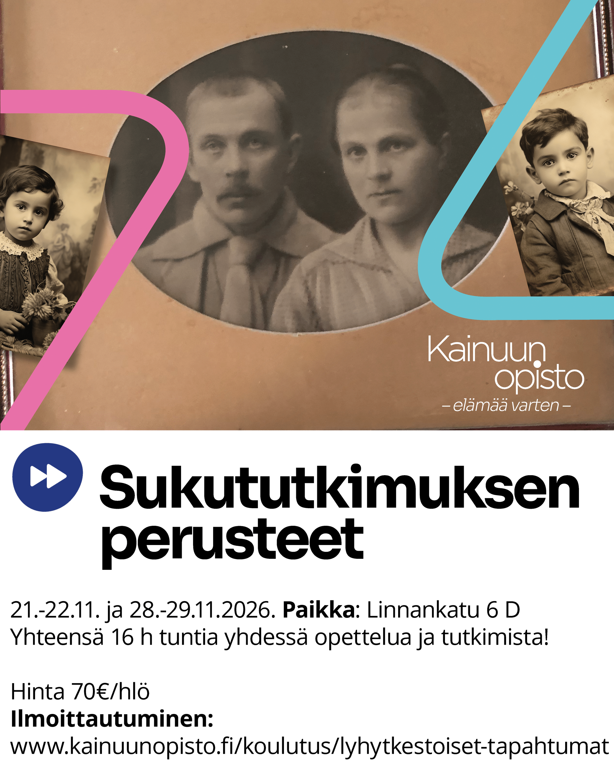 Decorative banner collage of vintage family photos centered old couple portrait with smaller child portraits on the sides on a peach background with pink and cyan ribbons and the Finnish text Kainuun opisto  Kainuun Opisto