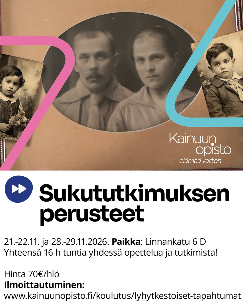 Vintage collage poster with an oval central photo of a man and woman flanked by two child portraits on beige background  Kainuun Opisto